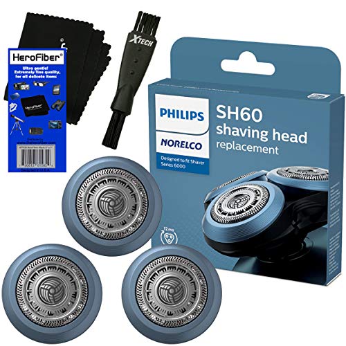 Philips Norelco Replacement Heads SH60/72 for Series 6800; S6810/82, S6850/85, S6880/81 Shavers + Double Ended Shaver Brush + HeroFiber Gentle Cleaning Cloth, Compatible with Philips Norelco SH60