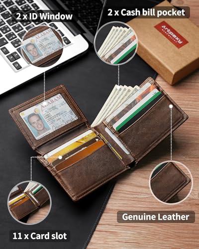 Image of Artpaxy Mens Wallet Bifold Genuine Leather RFID Blocking Wallet for Men with 2 ID Windows 11 Card Holders 2 cash pockets 1 Gift Box