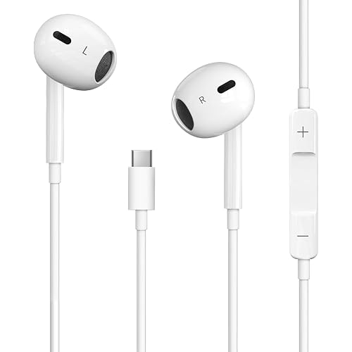 USB C Headphones, Wired Earbuds with Microphone and Volume Controller, HiFi Stereo Type C Earphones for iPhone 15/16/17 Pro Max iPad Pro Samsung Galaxy S25/S24/S23/S22/S21/A56 Pixel 9/8/7