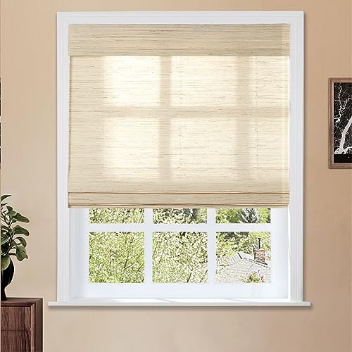 Image of TWOPAGES Natural Cordless Ramie Roman Shade for Windows Customized No Drill Roman Blind Light Filtering Blackout Roman Window Shade, 1 Piece, Cashew