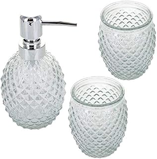 G Decor Designer 3-Piece Modern Diamond Cut Clear Glass and Chrome Bathroom Accessory Set, Includes Liquid Soap or Lotion Dispenser, Toothbrush Holder, Tumbler