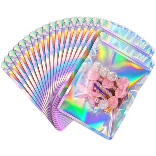 FUNFERY 4x6in Smell Proof Mylar Bags Resealable Zipper Holographic Bags with Clear Window Round Corner Small Goodie Baggies for Party Favor Candy Treat Gift Jewelry Small Business Supplies 50 Pack