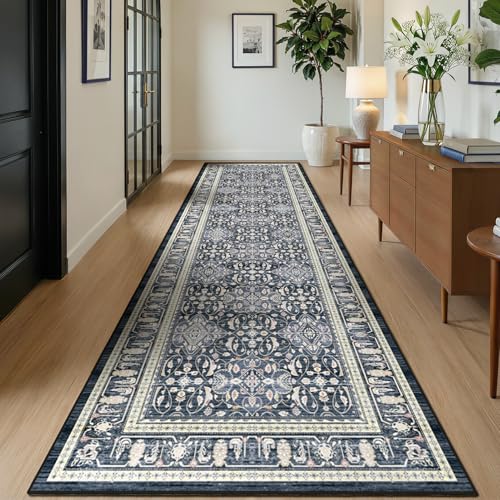 Dark Blue Entry Rugs Indoor, 2x3 Small Door Rugs for Entryway/Kitchen/Bathroom, Washable Non Slip Low Pile Thin Door Mat Indoor Entrance, Boho Floral Moroccan Trellis Printed Transitional St