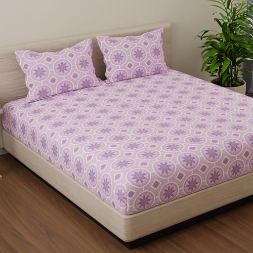 Image of Huesland by Ahmedabad Cotton 144 TC Cotton Elastic Fitted Bedsheet for Double Bed with 2 Pillow Covers | 60 x 78 inches
