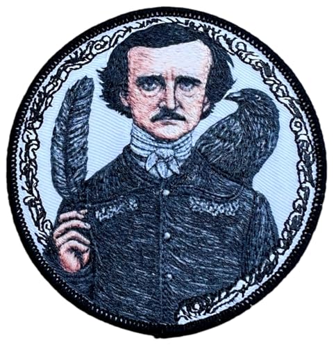 Image of Edgar Allan Poe Patch Embroidered Iron-on or Sew-on Badge (3 Inch) Raven and Quill Nevermore Design Perfect for Gothic Literature and Poetry Fans
