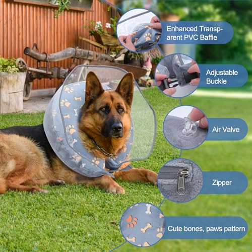 Image of Inflatable Dog Cone Collar, Adjustable Size Soft PVC 2-in-1 Dog Donut Collar After Surgery with Detachable, Inflatable Collar for Small Medium Large Dogs and Cats (Grey, Medium)