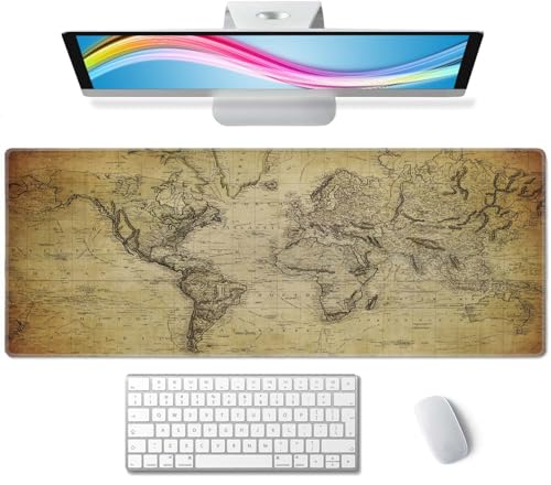 Grand tapis de souris de jeu pour clavier, base en caoutchouc antidérapant avec bords cousus, 80 x 29 cm, carte du monde rétro vintage
