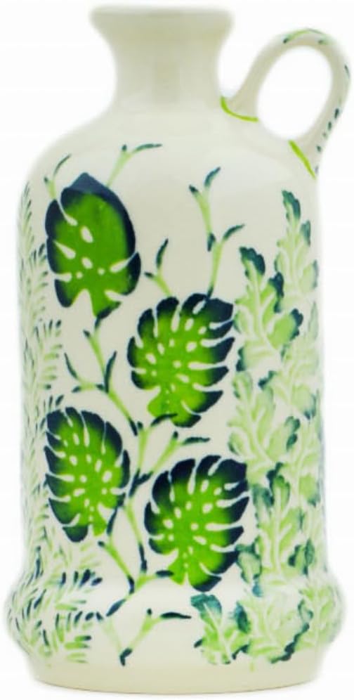 Polmedia Polish Pottery Bottle - Monstera Deliciosa Pattern Handmade in Boleslawiec Poland + Certificate of Authenticity