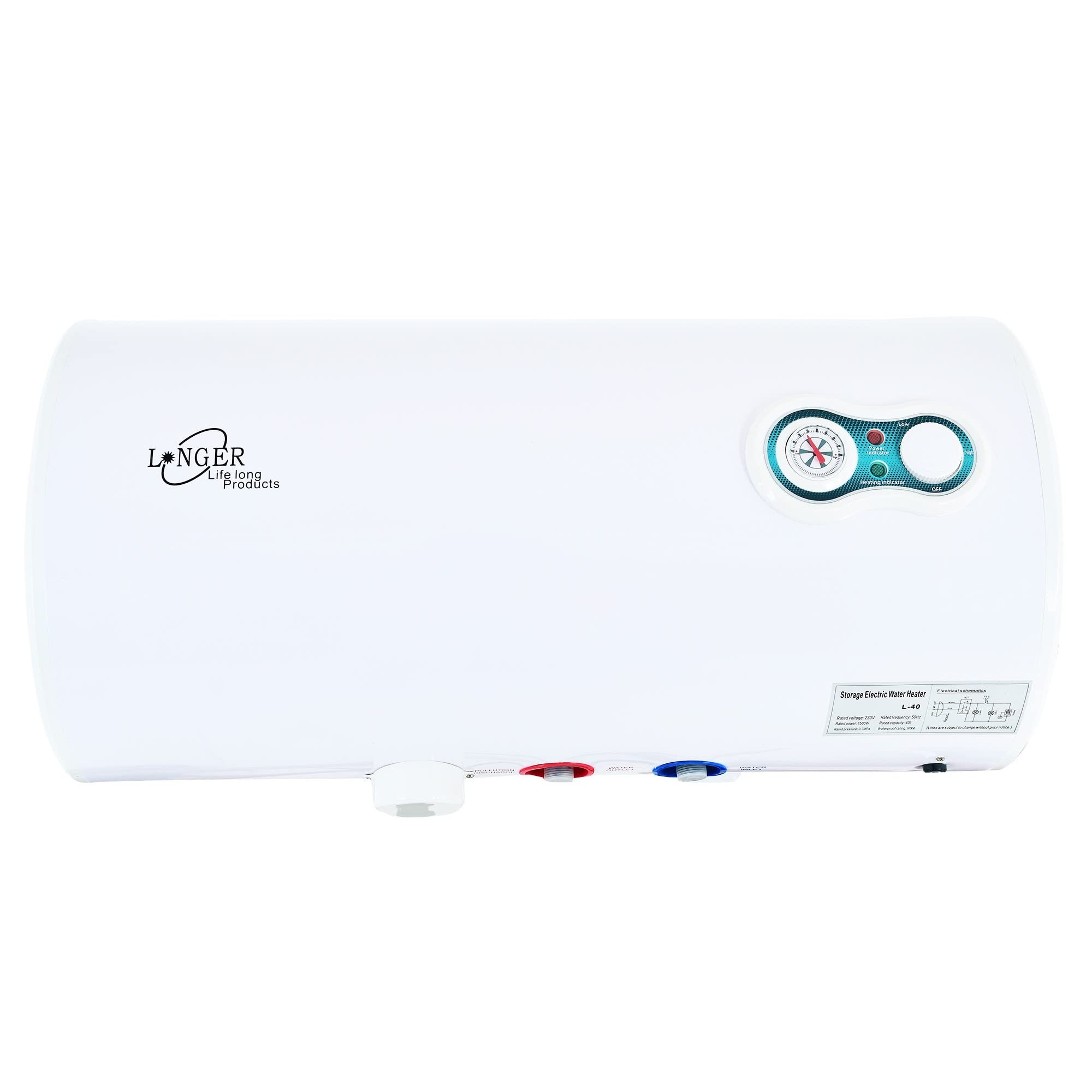 Longer 40 Litre Storage Water Heater | Geyser Anti Rust Coating Metal Body For Home & Bathroom, Wall Mounting