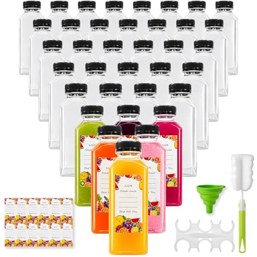 12oz Plastic Juice Bottles with Caps (36 Pack) – Reusable Clear Empty Containers for Smoothies, Milk, Sensory Jars – Leak Proof Tamper Evident Lids, Includes Labels, Funnel & Brush – Meal Prep (12-OZ)