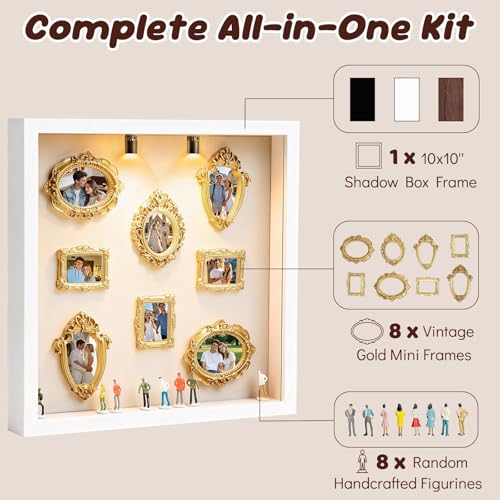 DIY Mini Museum Bilderrahmen, Mini Figuren Menschen Museum Silhouette Box mit Golden Rahmen & LED Licht, Miniatur Menschen Bilderrahmen Vintage für Deko Wohnzimmer Schlafzimmer