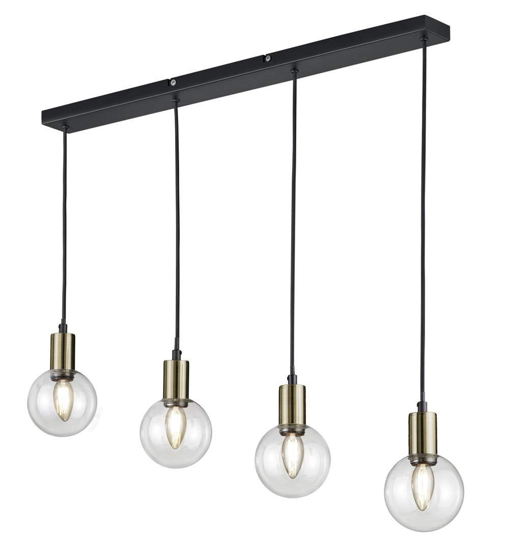 Lampadario A Sospensione Trio Nacho A 6 Luci – Metallo Nero E Ottone Anticato, Diffusori In Vetro Trasparente, Altezza Regolabile