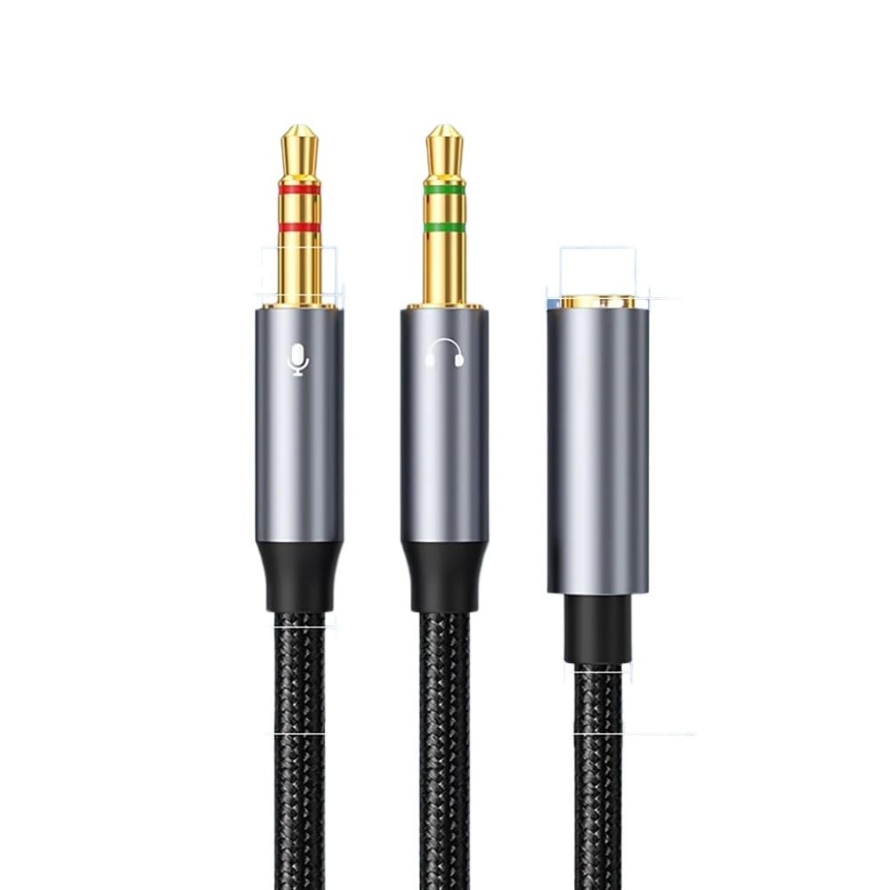 Divisor de auriculares para computadora, 3.5 mm hembra a 2 adaptadores de audio dobles de 3.5 mm macho, compatible con auriculares y micrófonos para juegos (gris)