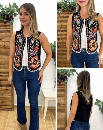 hathne Floral Embroidered Vest for Women Boho Vintage Sleeveless Open Front Vests Tops Waistcoat4