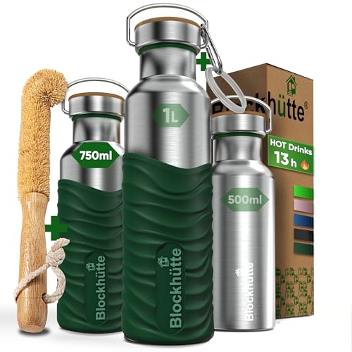 Blockhütte Stainless Steel Water Bottle Insulated I 750ml Water Bottle Metal, BPA Free, Thermal Leakproof Flask, Dishwasher Safe, for Gym, Cold Drinks, with Natural Cleaning Brush - Dark Green