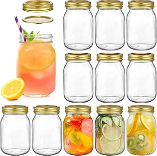 Tebery 12 Pack Mason Jars 16 oz With Regular Lids and Bands, 450ml Glass Jars Canning Jars for Jam, Honey, Wedding Favors, Shower Favors, Baby Foods