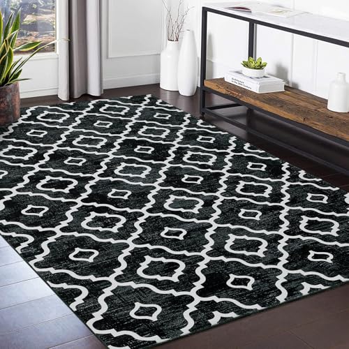 GlowSol Area Rug 9x12 Washable Rug Large Modern Trellis Rug Geometric Neutral Soft Black Rug for Living Room Bedroom Dining Room Non Slip Stain-Resistant Carpet for Home Decor