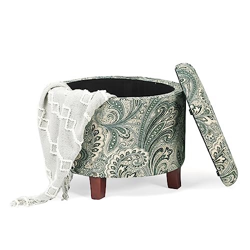 Adeco 20’’ Tufted Round Ottoman With Storage - Storage Ottoman With Lid- Blue And Green Boho Paisley Fabric Upholstered Footstool Footrest With Sturdy Wood Legs #TOP4