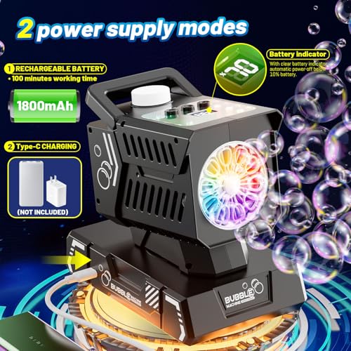 SHCKE Bubble Machine Remote Control,1800mAh Rechargeable Battery 100 Mins/USB-C Charging,Auto Rotation & 11 RGB Lights,Top-Fill Portable Bubble Maker for Outdoor Birthday Party Pool Wedding Camping — view 2