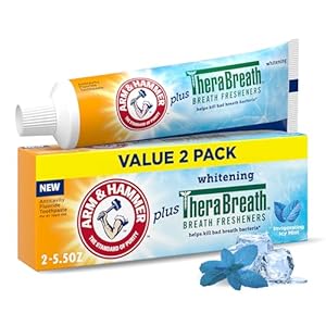 ARM & HAMMER Toothpaste Plus TheraBreath Breath Fresheners, Invigorating ICY Mint Flavor, Whitening Anticavity Fluoride Toothpaste for Bad Breath, 5.5 Oz (Pack of 2)