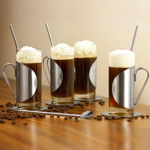 bar@drinkstuff Irish Coffee Glass Complete Gift Set with Set of 4 Glasses, Coasters & Spoon Stirrers Irish Coffee Glasses 10oz / 280ml | Stainless Steel Irish Coffee Set, Hot chocolate Mugs