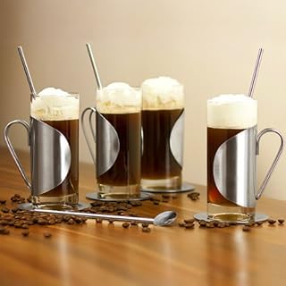 bar@drinkstuff Irish Coffee Glass Complete Gift Set with Set of 4 Glasses, Coasters & Spoon Stirrers Irish Coffee Glasses 10oz / 280ml | Stainless Steel Irish Coffee Set, Hot chocolate Mugs