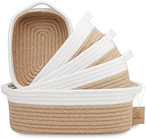 NaturalCozy 5-Piece Rectangle Storage Basket Set- Natural Cotton Rope Woven Baskets for Organizing! Small Basket for Montessori, Baby Nursery, Dog Toy Baskets, Cat Toy Box, Bathroom Organization Bin