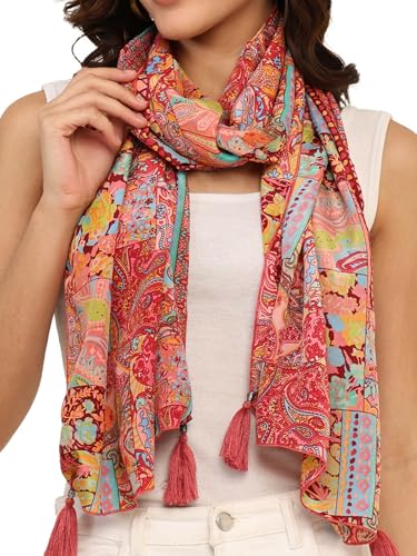 Image of KE KANHA EXPORT Women Scarf|Stole For Women|Scarf For Women Stylish|Stall For Women|Border Print Face Cover Head Wrap|Boho|Beach|Multicolor|180x50cm|Pack Of 1|FREE Scrunchie Included