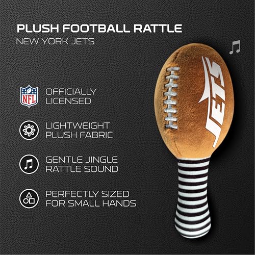 Image of New York Jets Plush Football Rattle by Smilo - Officially Licensed NFL Baby Rattle Toy - Soft Baby Rattle with Bell - for Babies and Toddlers from 3 Months