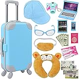 ZITA ELEMENT 20 Pcs American 18 Inch Boy Doll Suitcase Luggage Travel Set for Boy 18“ Doll Travel Carrier Storage, Including Suitcase Pillow Blindfold Sunglasses Camera Computer Cell Phone Ipad,ect