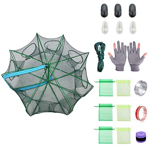 18Pcs Trap for Crawfish Shrimp Net,1x Mesh Collapsible Fish Trap,1x Fishing Bait Trap Rope,1 x Fishing Gloves,6X Bait Case, 6X Crab Trap Bait Bag,1 xFishing Rod Anti-Slip Belt