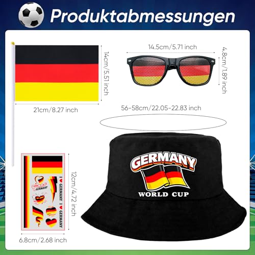 RAOPNHS Deutschland Fanartikel Set 4 Teilig Fischerhut Sonnenbrille Flagge Sticker Fußball WM 2026 Fussball WM 2026 Fan Zubehör Set für Stadion Public Viewing Party Deutschland Fans