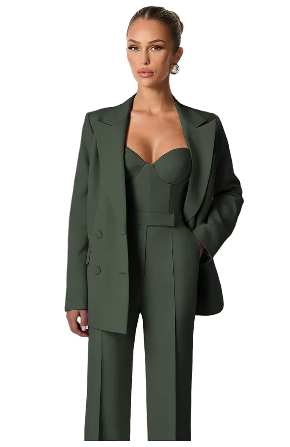 Dark Green Pant Suits for Women Dressy 3 Piece Set Petite Spaghetti Strap Top Formal Pants Womens Suits