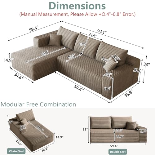 Image of 95 inch Modular Sectional Sofa, Modern Corduroy Cloud Couch with Side Pockets, Boneless Couch Upholstered 3-Seater L-Shaped Sofa for Living Room, No Assembly Required (Camel,Left-Facing Chaise)