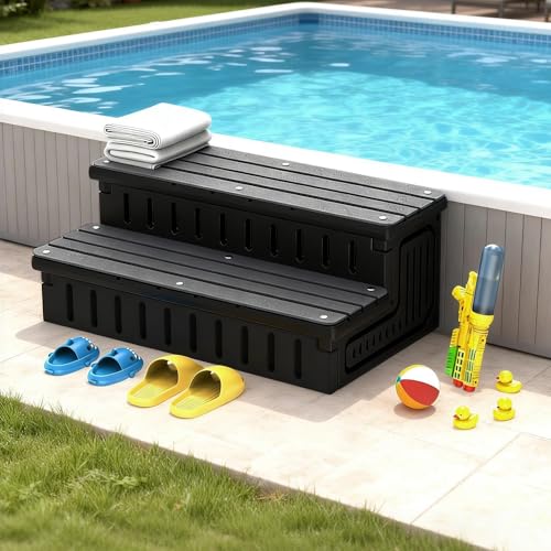 Marudina Hot Tub Steps with Storage, Non-Slip Hot Tub Stairs, Waterproof Large Capacity & Heat-Resistant Fabric Cover, Heavy Duty HDPE Outdoor Spa Steps for Pool, RV & Porch