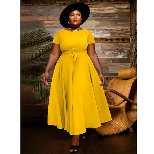 Image of BFFBABY Plus Size Dress A Line Dresses for Women Summer Long Dresses with Sleeve Casual Belted