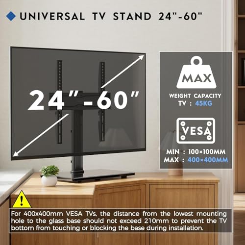 BONTEC Universal TV Stand for 24–60 Inch LCD LED OLED Plasma TVs, Height Adjustable Table Top Pedestal with Bracket, 8mm Tempered Glass Base, 45kg Load, Max VESA 400x400mm, Cable Management - Image 5