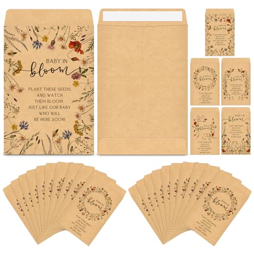 Fumete 50 Pcs Baby Shower Seed Packet Favors Self Adhesive Baby in Bloom Kraft Paper Seed Packets, Mini 5 Styles Wildflower Organizer Storage Bag for Guest Party Gift Favors, No Seeds