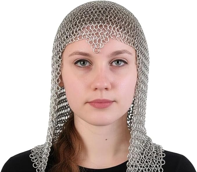 Chainmail Coif Hood, Silver, Steel Ring Mail Head Cover, Medieval Knight Costume Accessory