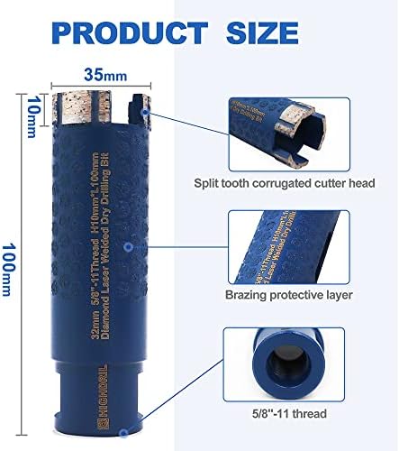 Diamond Core Drill Bits,1-3/8 Inch 35mm with 5/8-11 Thread,Dry Hole Saw with Side Protection for Coring or Making Holes in Granite,Marble,Hard Stone