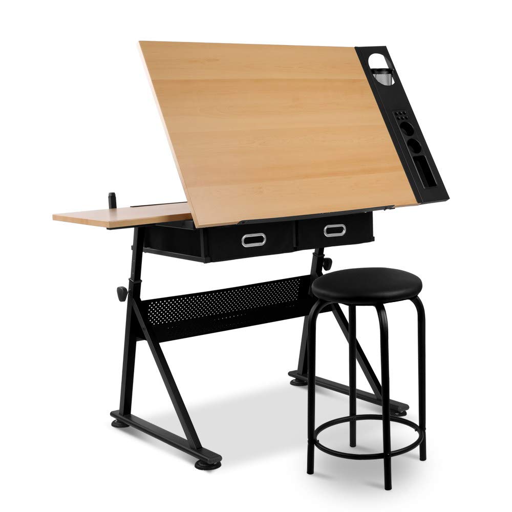 Drawing Table Stool Set Artiss Ajustable Metal Base Art & Craft Drafting Desk Table Art/Workstation with Removable Side Tray Drawers for Student Adults