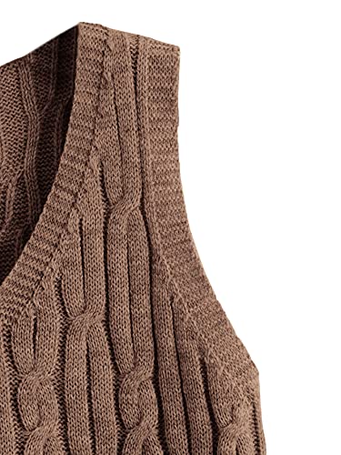 Romwe Women's Cable Knit Crop Sweater Vest Preppy Style Sleeveless V Neck Knitwear Tank Tops Coffee Brown S #TOP3