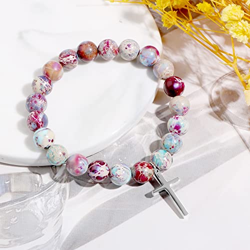 Religious Gifts For Women Natural Stone Cross Bracelet For Her Catholic Beaded Bracelets For Women Healing Crystal Jewelry For Girls Birthday Gift Ideas Anniversary Easter Christian Gift For Women #TOP1