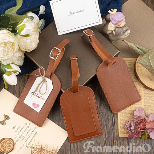 Framendino, 48 Sets Wedding Favors Luggage Tag PU Leather Travel Tags with Name ID Card for Bridal Shower Brown4