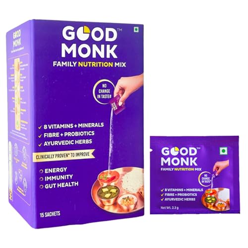 Image of Good Monk Clinically Proven Multivitamin Mix for Kids, Men & Women | For Energy, Immunity, Gut Health | With Probiotics, Fibre, Vit B12, C, D, Iron, Zinc | Add To Food - No Taste Change | 15 Sachets