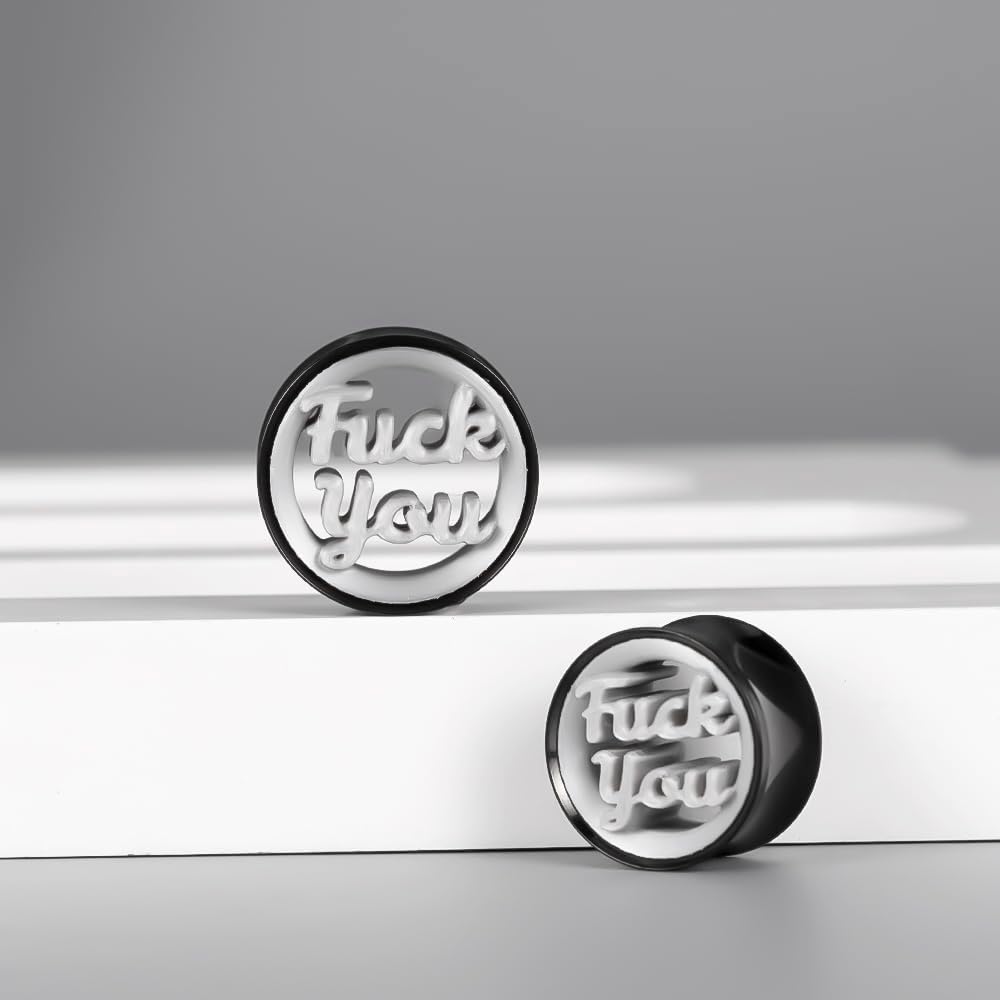 2Pcs Stainless Steel Ear Gauges with “FY” Slogan Tunnel Edgy Double Flared Ear Expanders for Stretched Ears (00g/10mm to 1"/25mm) Statement Body Jewelry for Men & Women