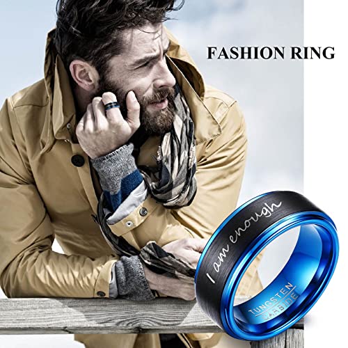 MPRAINBOW I Am Enough Inspirational Jewelry-Tungsten Carbide Band Ring Black Blue Motivating Quote Engraving Encouragement Birthday Graduation Frienship Gift For Men Women