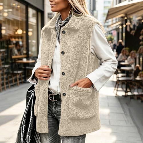 Womens Sherpa Fleece Vest Sleeveless Jacket Button Down Collar Outerwear - image 2