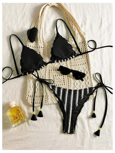 Bikini en crochet bleu anti-complexes : Maillot 2 pièces triangle et string coupe haute - 3
