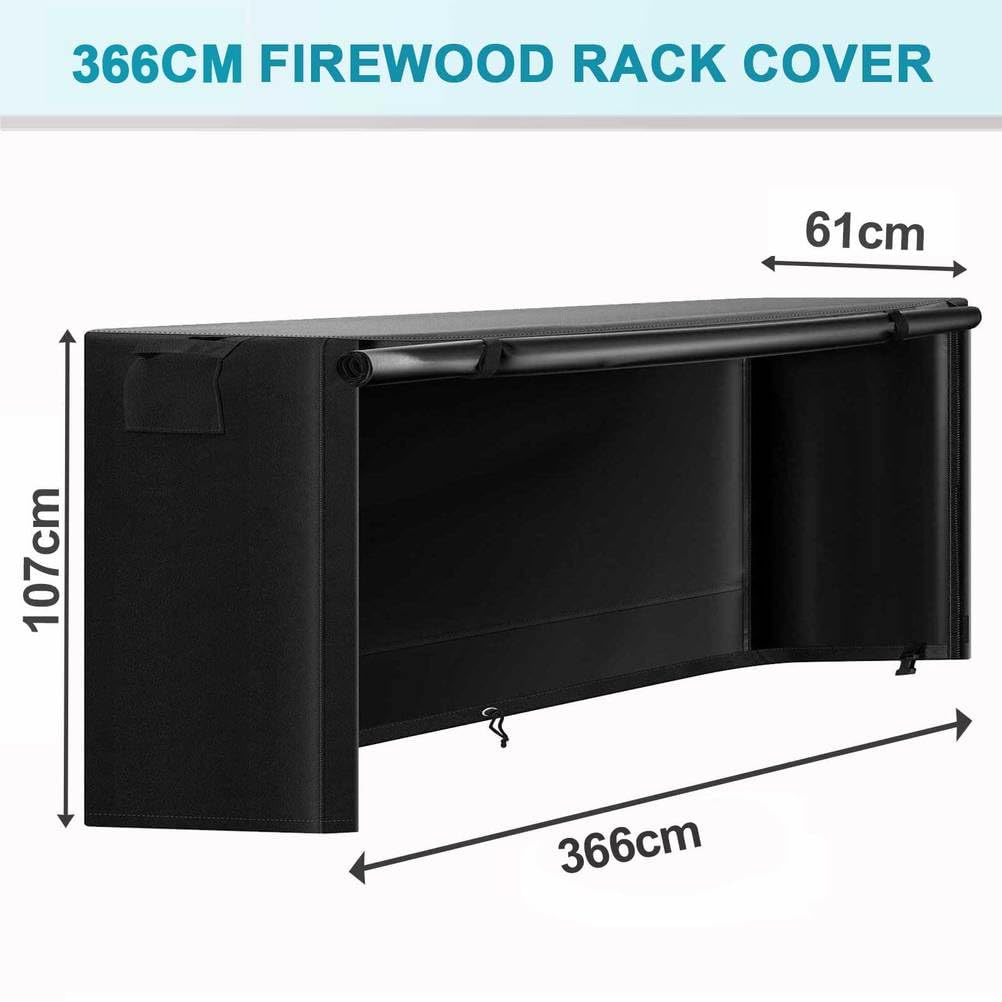 Funda Impermeable para Estante de Leña, Funda Resistente 600D Oxford para Almacenamiento de Leña en Exteriores con Cremallera y Hebilla (No Incluye el Soporte para Leña),Negro,366 cm